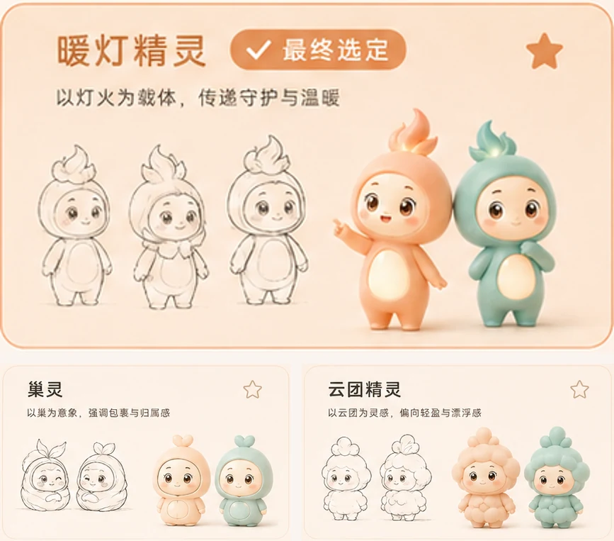 三个原型并排：暖灯精灵（选定）、巢灵、云团精灵