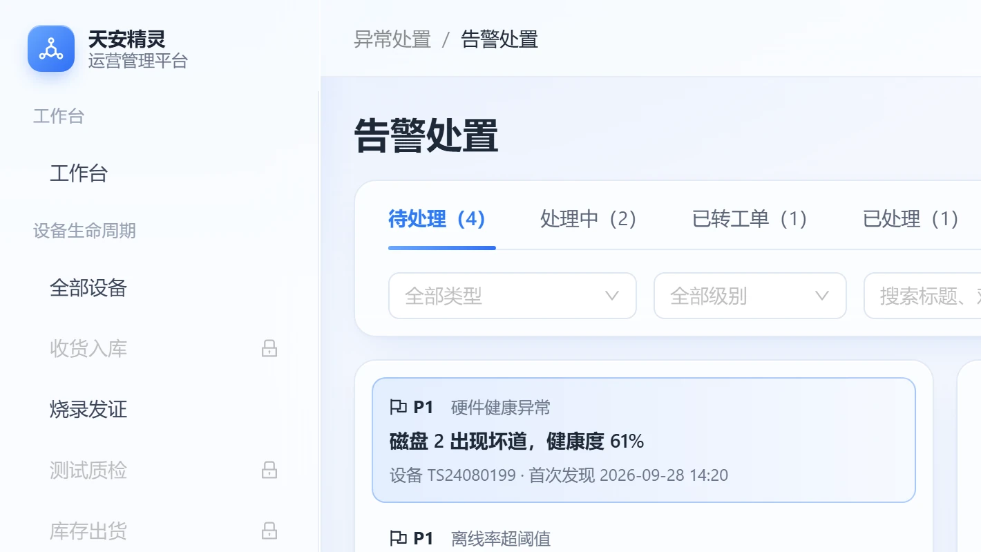 告警处置列表：一条告警写明发生了什么、影响和下一步