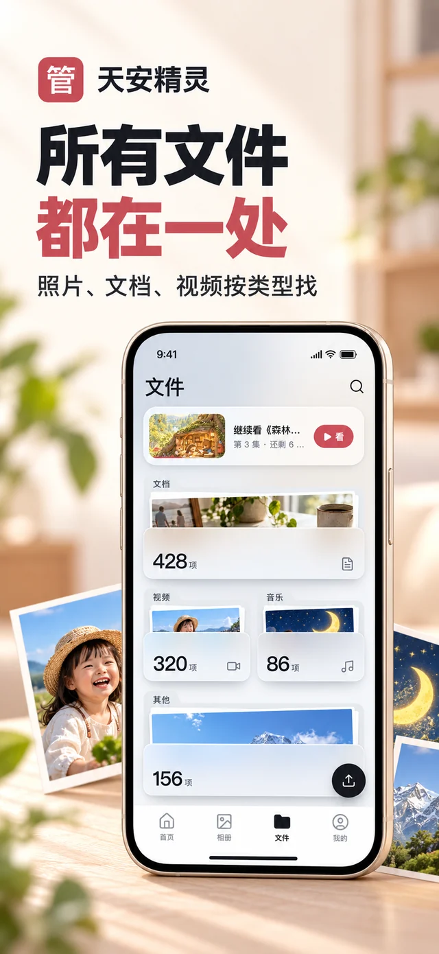 商店图「管」:所有文件都在一处,照片、文档、视频按类型找;手机显示文件分类页