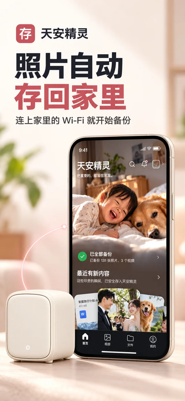 商店图「存」:照片自动存回家里,连上家里的 Wi-Fi 就开始备份;手机显示首页已全部备份