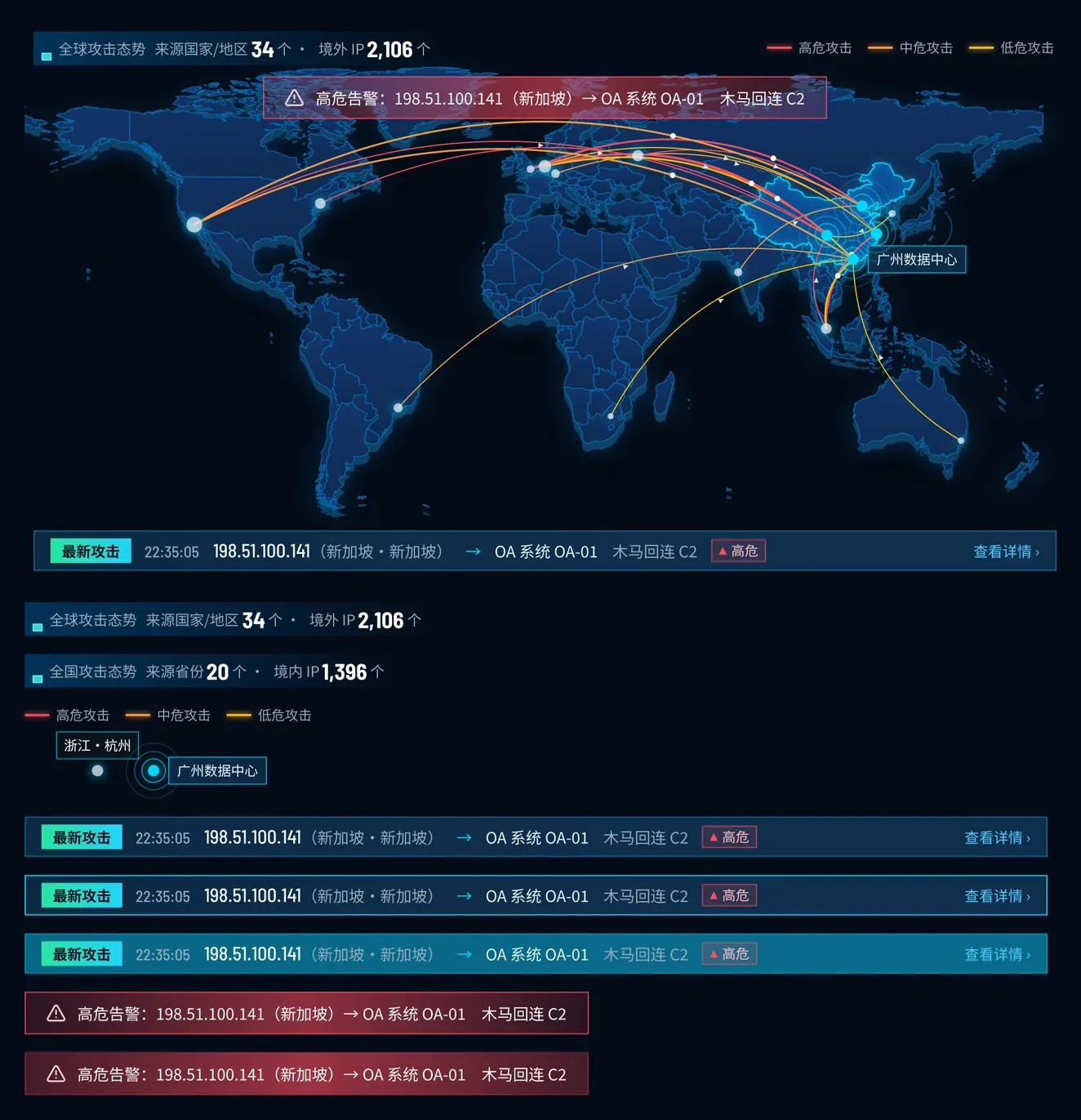 地图组件：全球视图飞线、标题条、图例、站点标记、最新攻击条三种状态、高危横幅两种状态